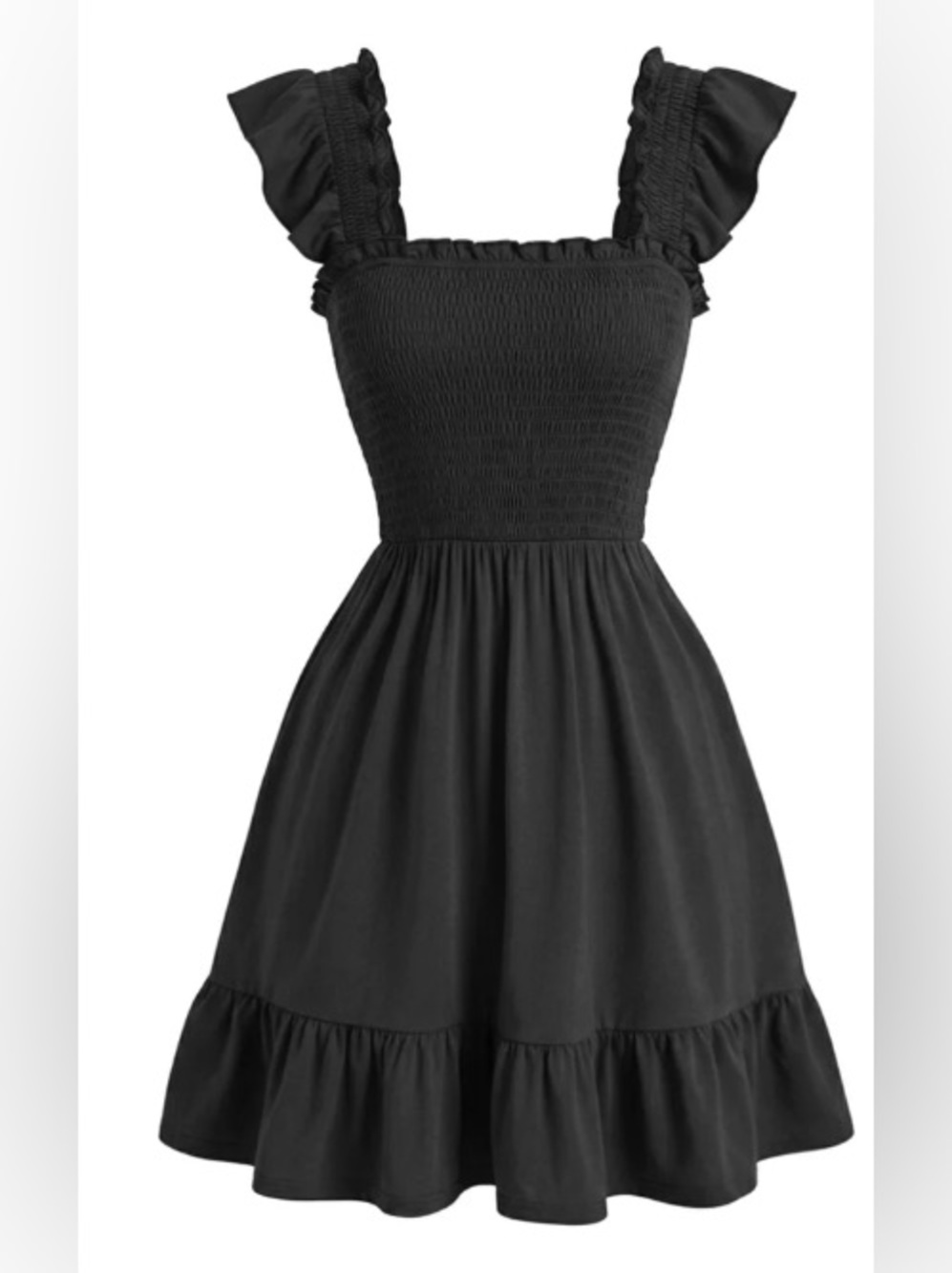 Ruffled Strap Black Smocked Mini Dress, never worn